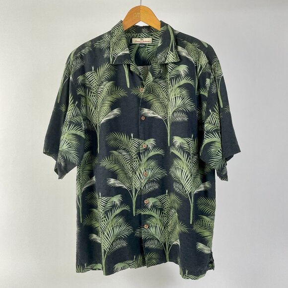 Tommy Bahama Silk Camp Shirt, Dark Grey With Green Tree/Leaf Print, Men’s Large - Picture 1 of 6
